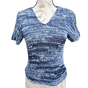 Eileen Fisher Brushstroke Cotton Tape Sweater Blue V-Neck‎ Short Sleeve Size XS